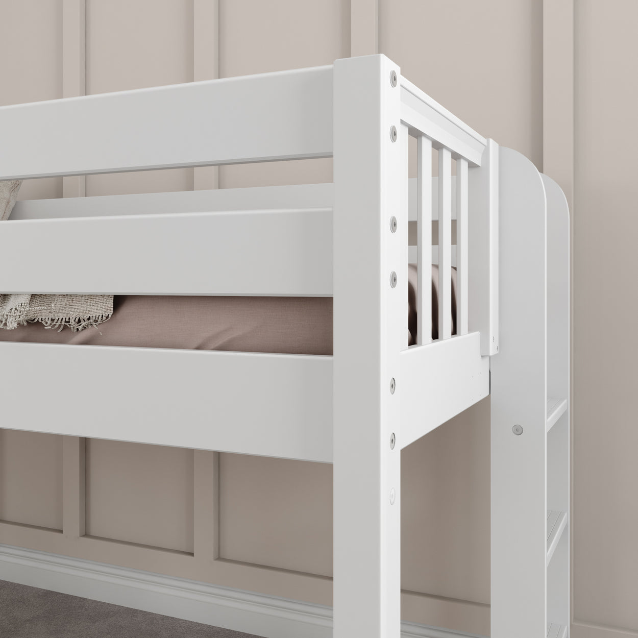 White wooden bunk bed detail in modern bedroom with beige walls.