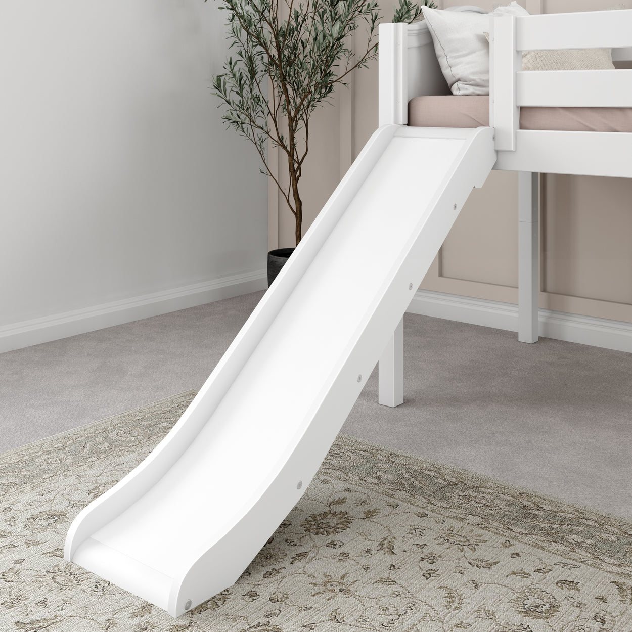 White wooden loft bed with slide in a modern bedroom interior.