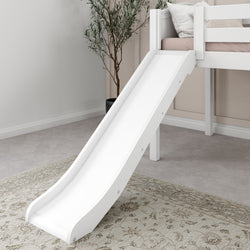 White wooden loft bed with slide in a modern bedroom interior.