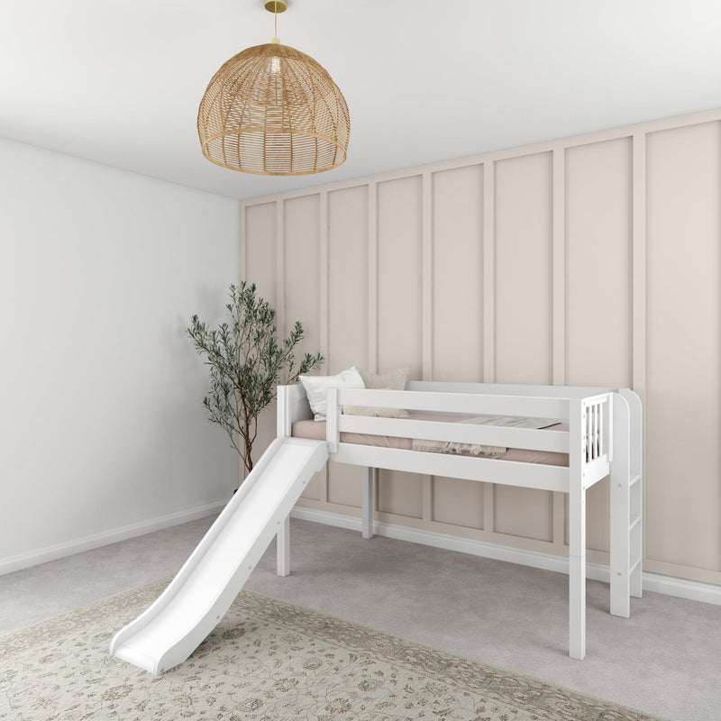 White wooden kids loft bed with slide in a minimalist neutral nursery with beige paneled wall, rattan pendant light and indoor plant