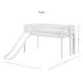 White twin loft bed with slide and ladder, wooden kids' elevated bed with safety rails and slatted mattress support