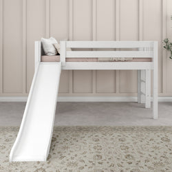 White loft bed with slide in a children's room with a beige carpet and brown wall paneling.