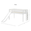 White twin loft bed for kids with slide and ladder, wooden platform with safety rails, space-saving children's bed (dimensions shown)