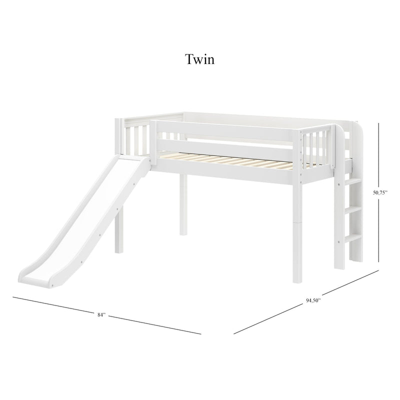 White twin loft bed for kids with slide and ladder, wooden platform with safety rails, space-saving children's bed (dimensions shown)