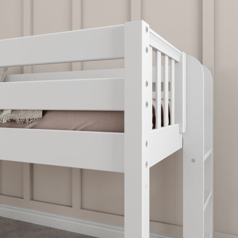 Close-up of white wooden bunk bed guardrail and ladder against a beige paneled wall, modern kids loft bed with safety rail and neutral bedding