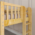 Close-up of natural wood bunk bed showing slatted safety rail, built-in ladder steps, and metal bolts — durable pine kids' bedroom furniture