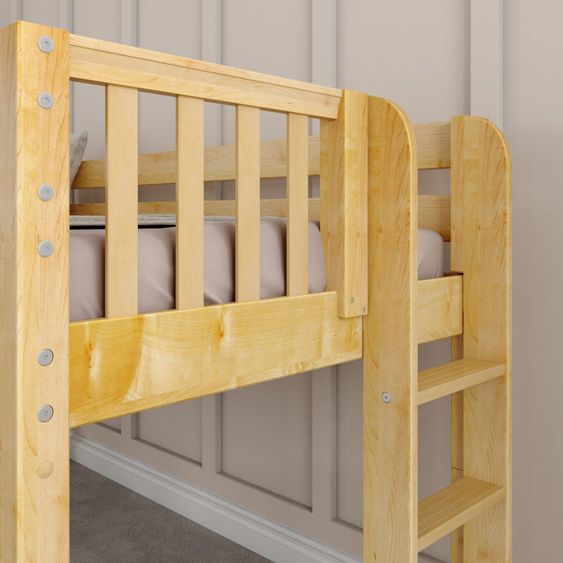 Close-up of natural wood bunk bed showing slatted safety rail, built-in ladder steps, and metal bolts — durable pine kids' bedroom furniture