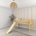 Natural wood kids loft bed with slide in neutral nursery, beige paneled accent wall, woven rattan pendant light and potted plant
