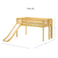 Twin XL natural wood loft bed with slide and ladder, slatted platform and safety rails for kids' bedroom