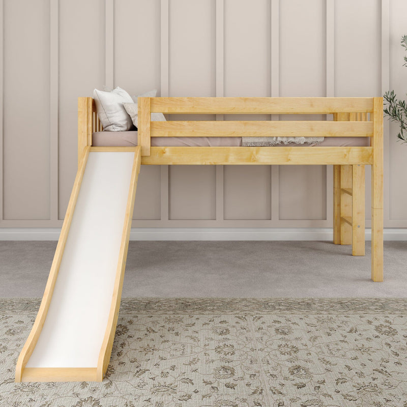 Kids loft bed with slide, natural solid wood bunk bed with ladder in neutral beige room, decorative pillows and patterned rug — modern playroom furniture