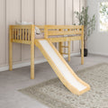 Wooden kids loft bed with slide in modern neutral nursery, natural pine finish, beige bedding, decorative pillows and potted plant by window