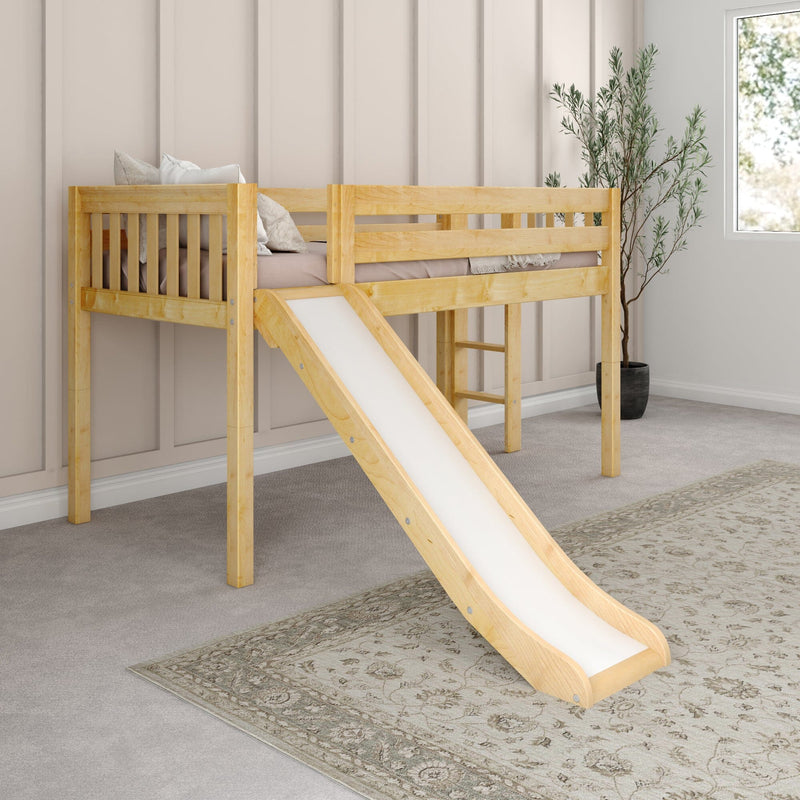 Wooden kids loft bed with slide in modern neutral nursery, natural pine finish, beige bedding, decorative pillows and potted plant by window