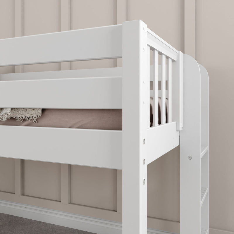White wooden bunk bed close-up showing safety rail and ladder detail against beige paneled wall, modern kids loft bed with neutral bedding