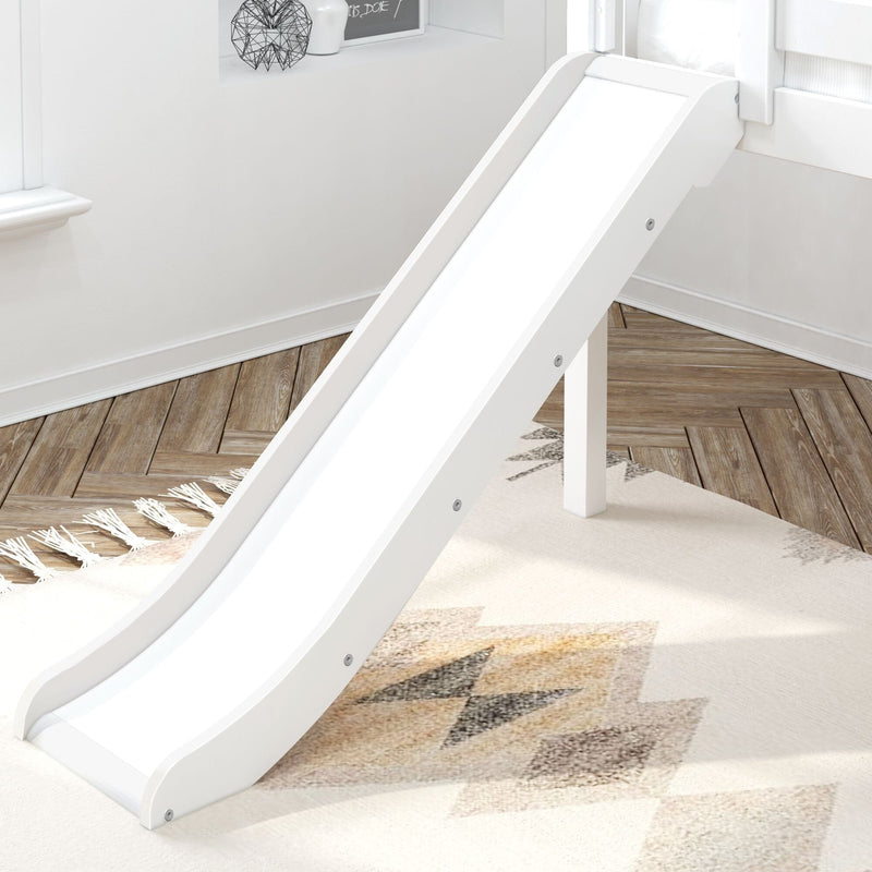 White indoor wooden children's slide attached to a bed in a bright modern nursery with herringbone hardwood floors and a patterned rug