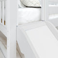 White wooden bunk bed with built-in slide and safety rails, close-up of mattress and ladder for kids' loft bed