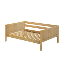 Light natural wood daybed frame with slatted base, headboard and side rails, solid wood minimalist design, modern farmhouse style