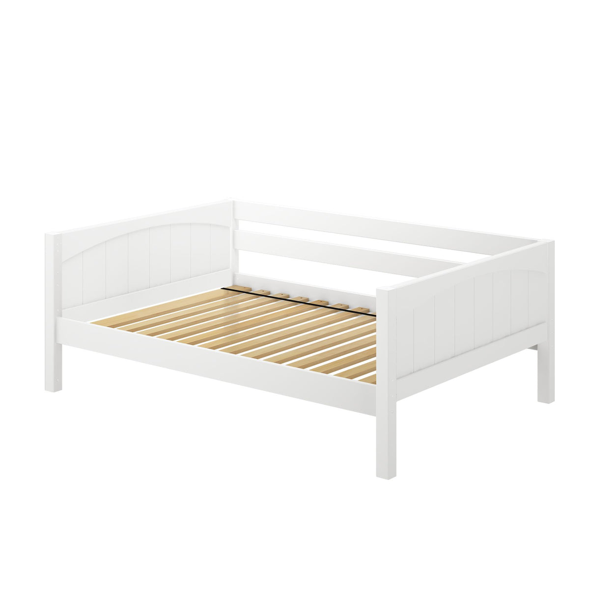 White wooden daybed frame with slatted base and tall backrest.
