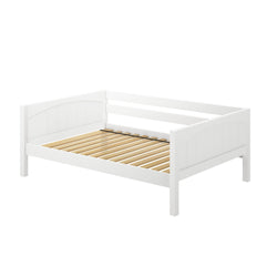 White wooden daybed frame with slatted base and tall backrest.