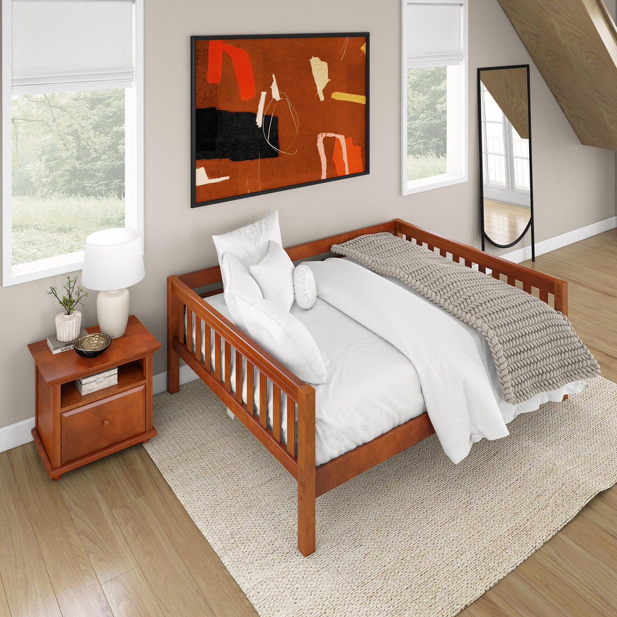 Modern bedroom with wooden daybed, white bedding, cozy beige knit throw, abstract wall art, and bedside table lamp.