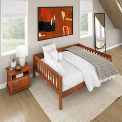 Modern bedroom with wooden daybed, white bedding, cozy beige knit throw, abstract wall art, and bedside table lamp.