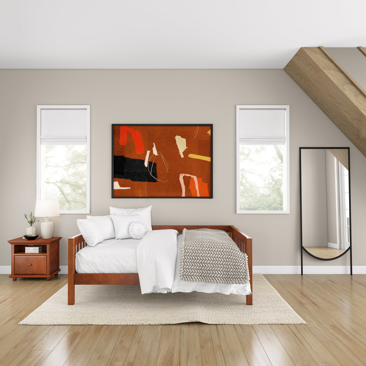 Modern bedroom with wooden bed, abstract art, and stylish decor.