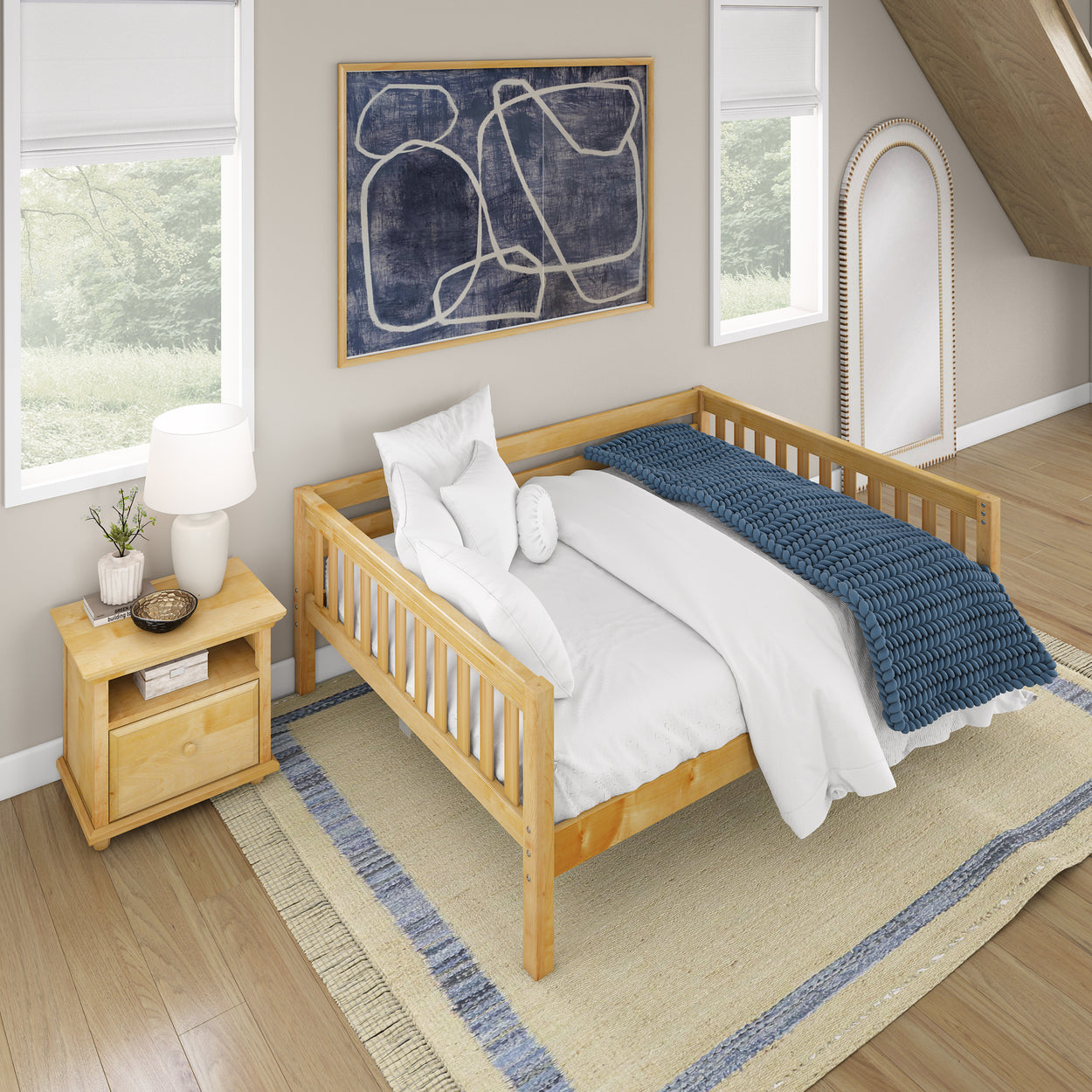 Cozy bedroom with wooden bed frame, abstract wall art, and minimalist decor.