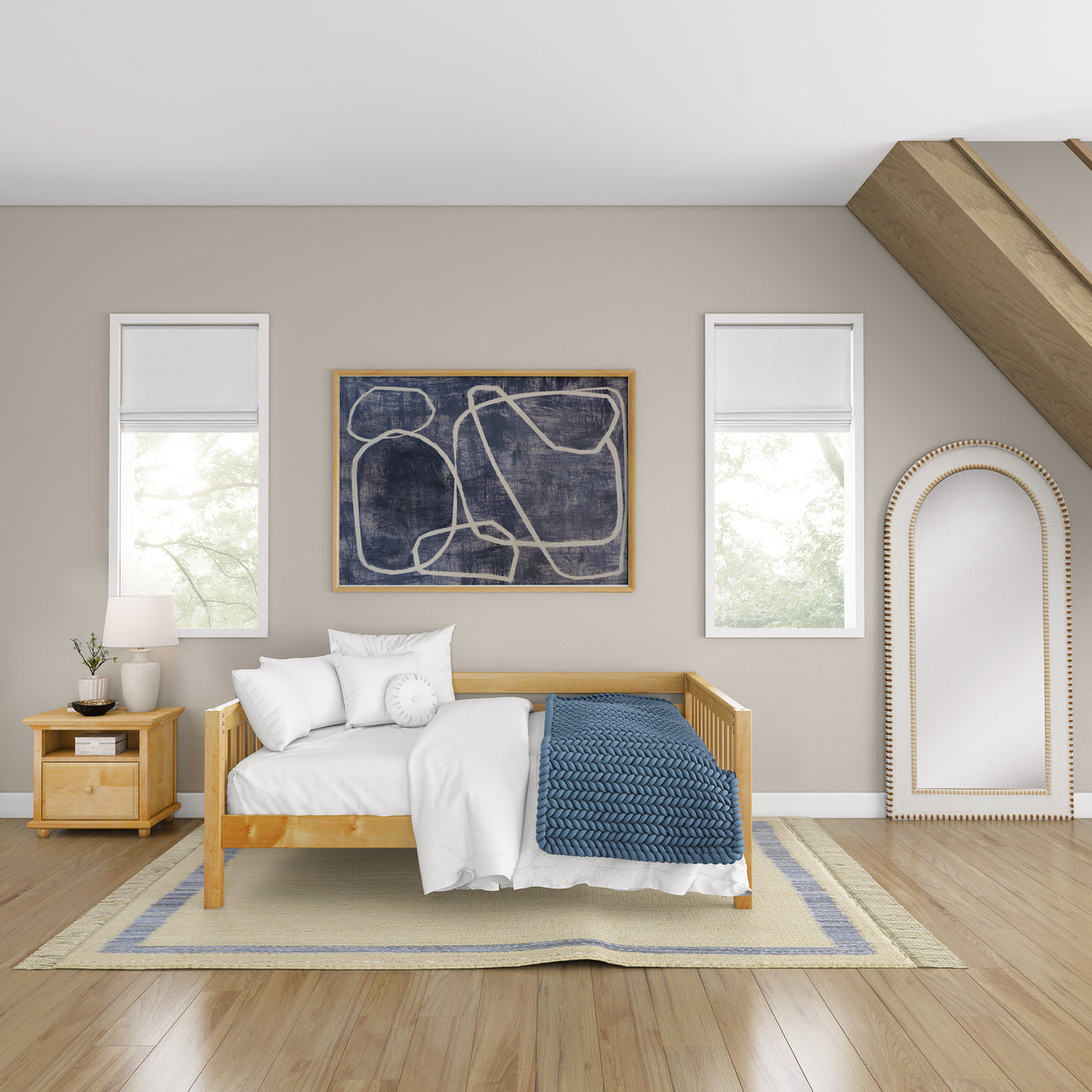 Stylish modern bedroom with wooden bed, blue blanket, minimalist decor, and large abstract wall art.