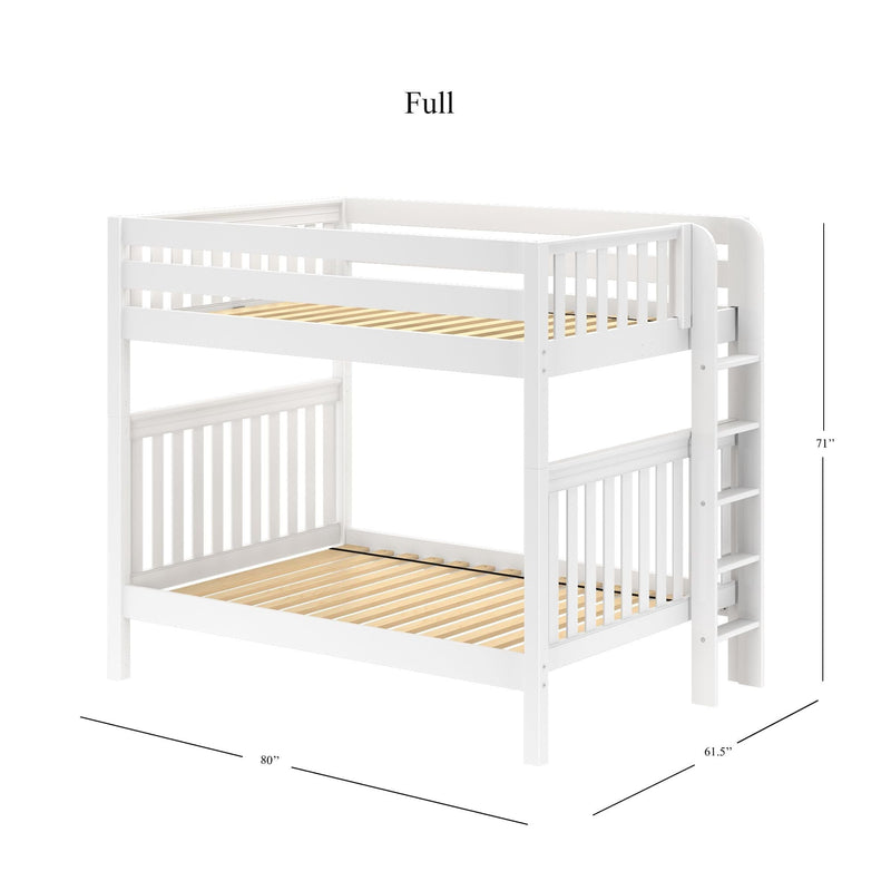 White twin-over-full wooden bunk bed with slatted mattress supports, safety rails, built-in ladder and space-saving design for kids' room