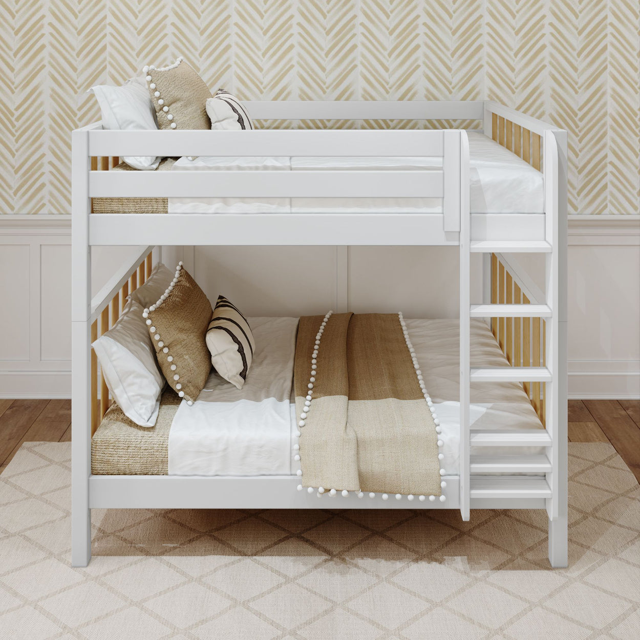 White wooden bunk bed with cozy decor and textured wallpaper in modern bedroom setting.