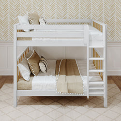 White wooden bunk bed with cozy decor and textured wallpaper in modern bedroom setting.