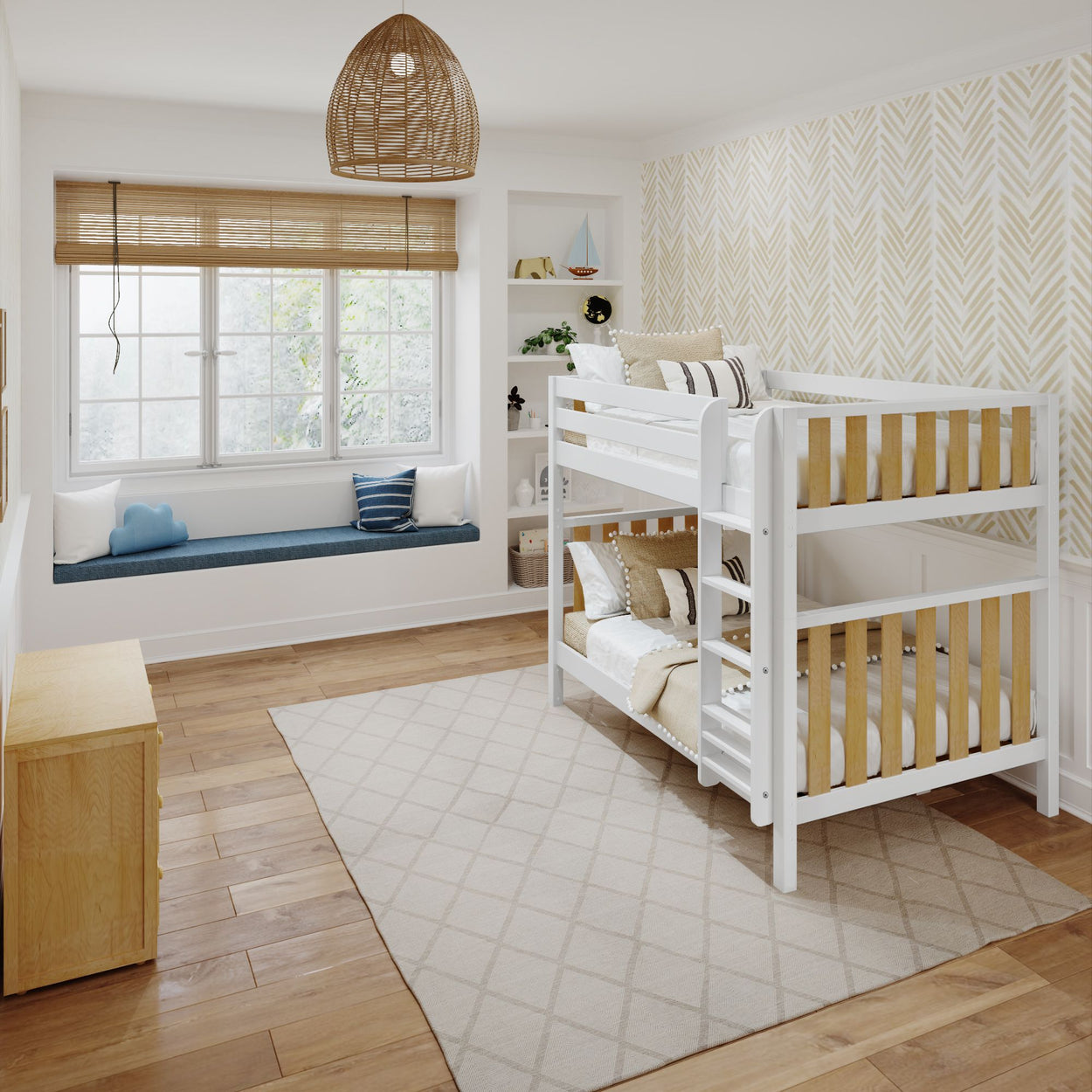 Modern children's bedroom with white bunk beds, wooden flooring, and a cozy window seat, featuring stylish decor and natural lighting.
