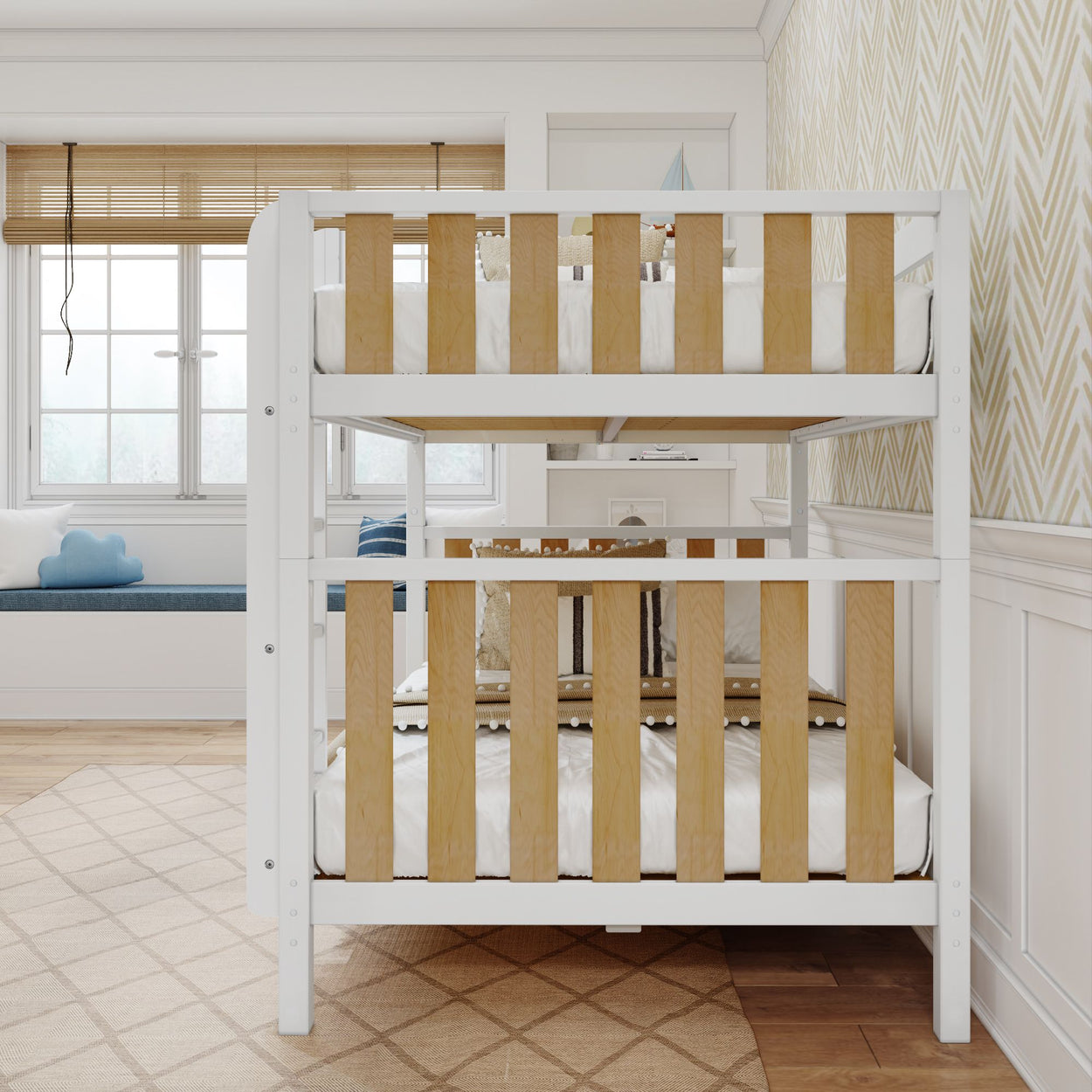 White and oak wooden bunk bed in a modern children's room with natural light and geometric wallpaper.