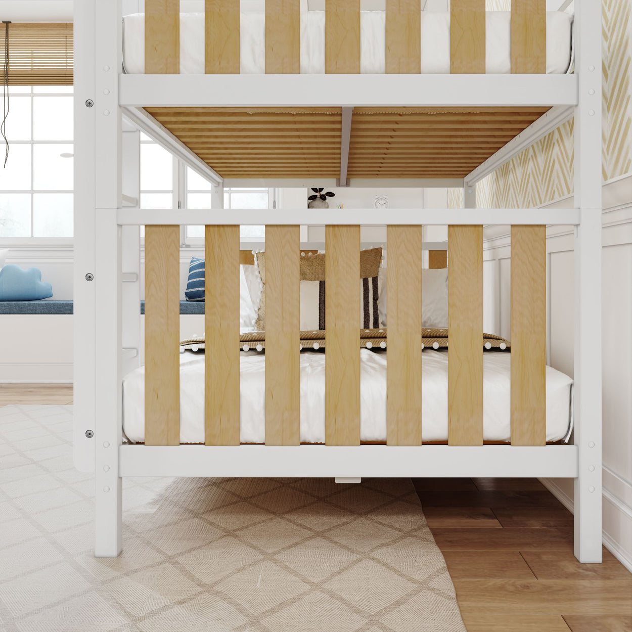 Modern wooden bunk bed in a cozy, light-filled bedroom with decorative pillows and a window seat.