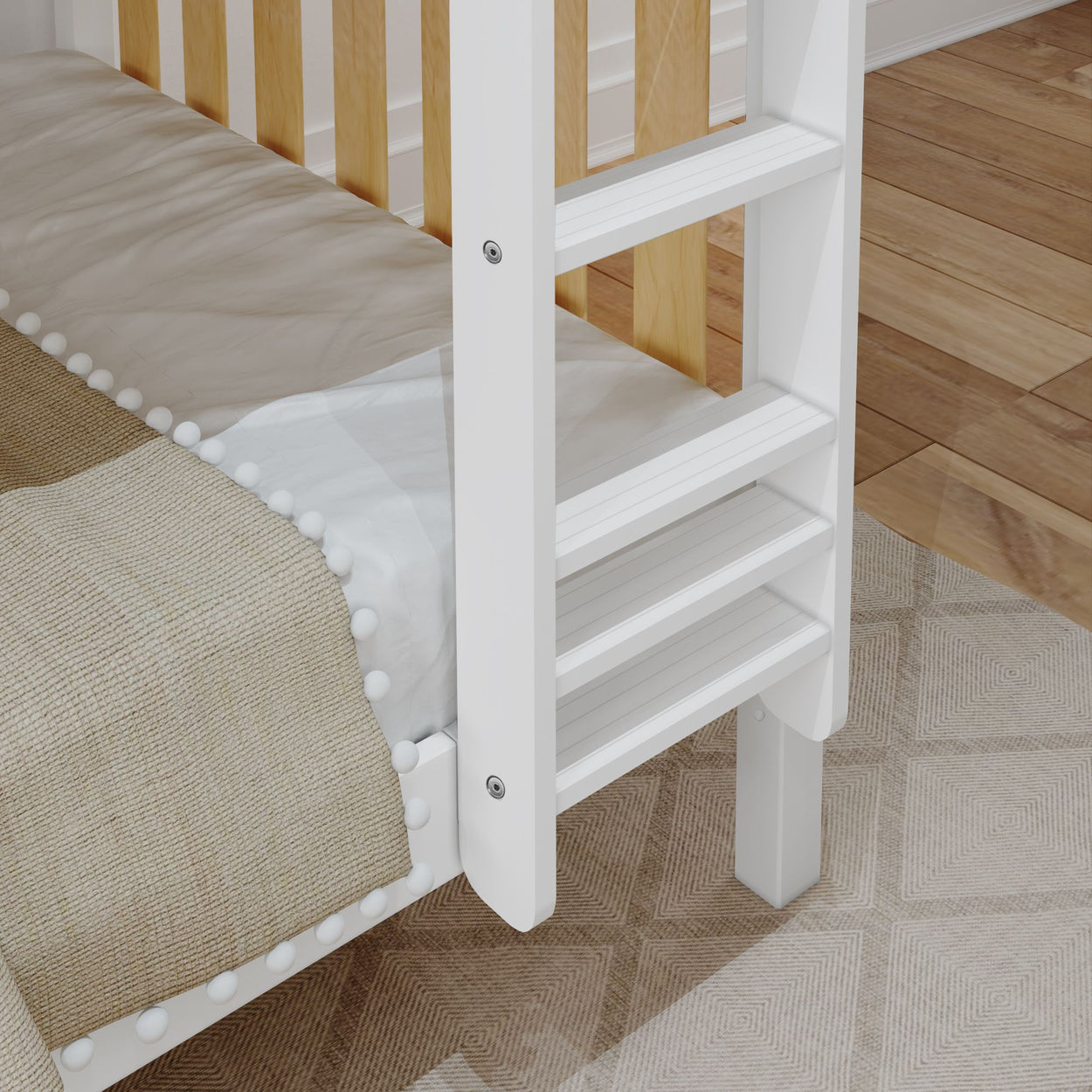 Wooden bunk bed ladder with white frame and beige bedding in a child's bedroom.