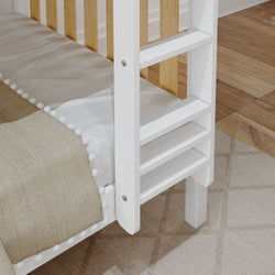 Wooden bunk bed ladder with white frame and beige bedding in a child's bedroom.