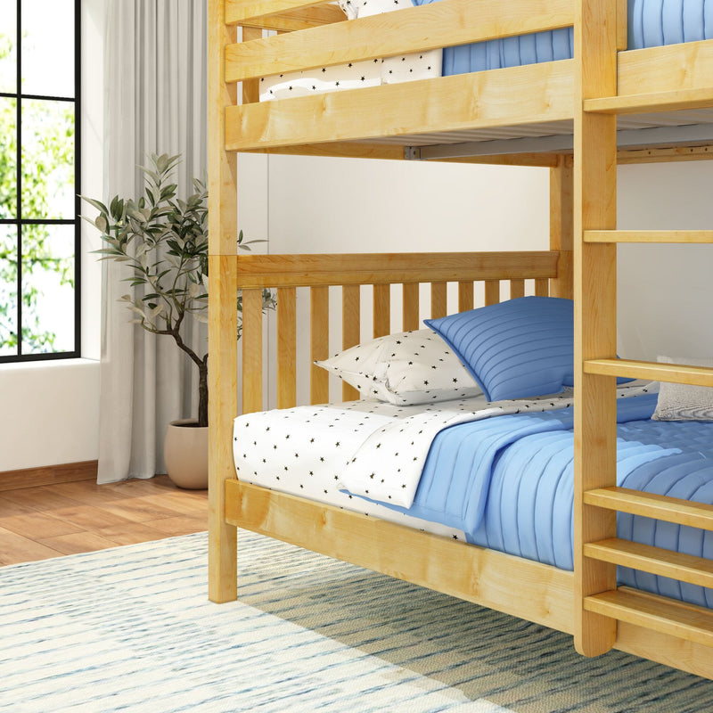 Natural wooden bunk bed with blue bedding and star-patterned sheets in a bright children's bedroom with potted plant, window, curtains, and striped rug