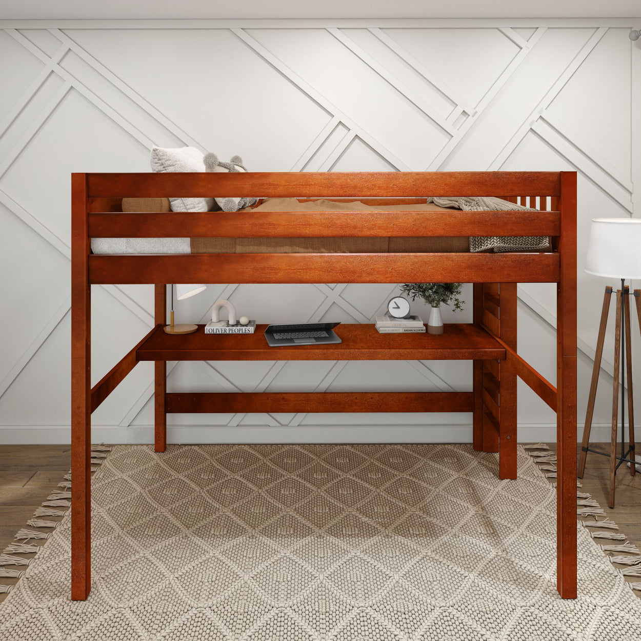 Wooden loft bed with integrated desk and modern decor in a stylish room.