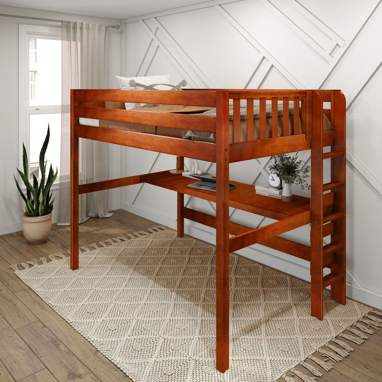 Wooden loft bed with integrated desk and ladder in a modern bedroom with natural light and decorative plant.