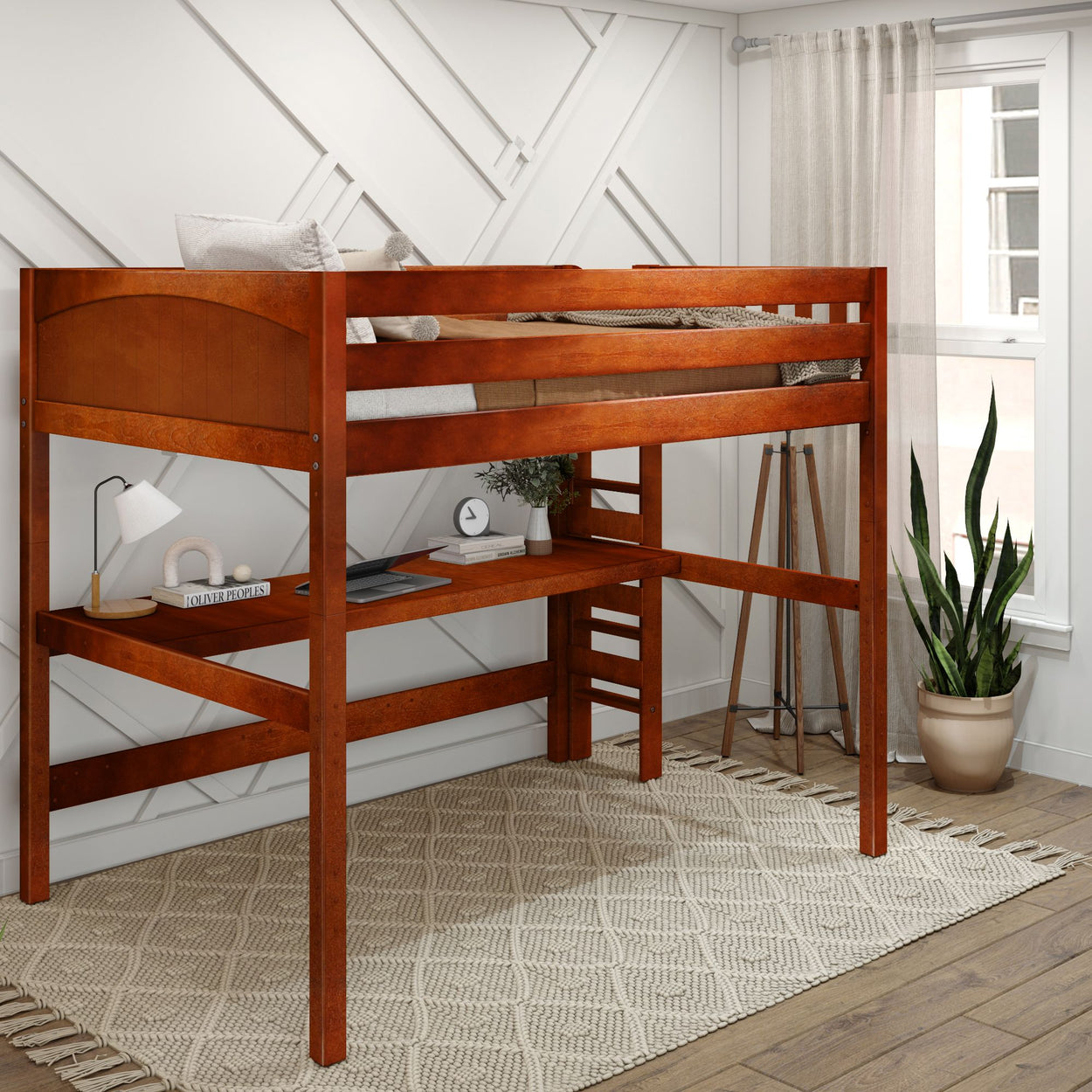 Wooden loft bed with desk underneath in modern bedroom with natural light, indoor plant, and textured rug.