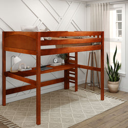 Wooden loft bed with desk underneath in modern bedroom with natural light, indoor plant, and textured rug.