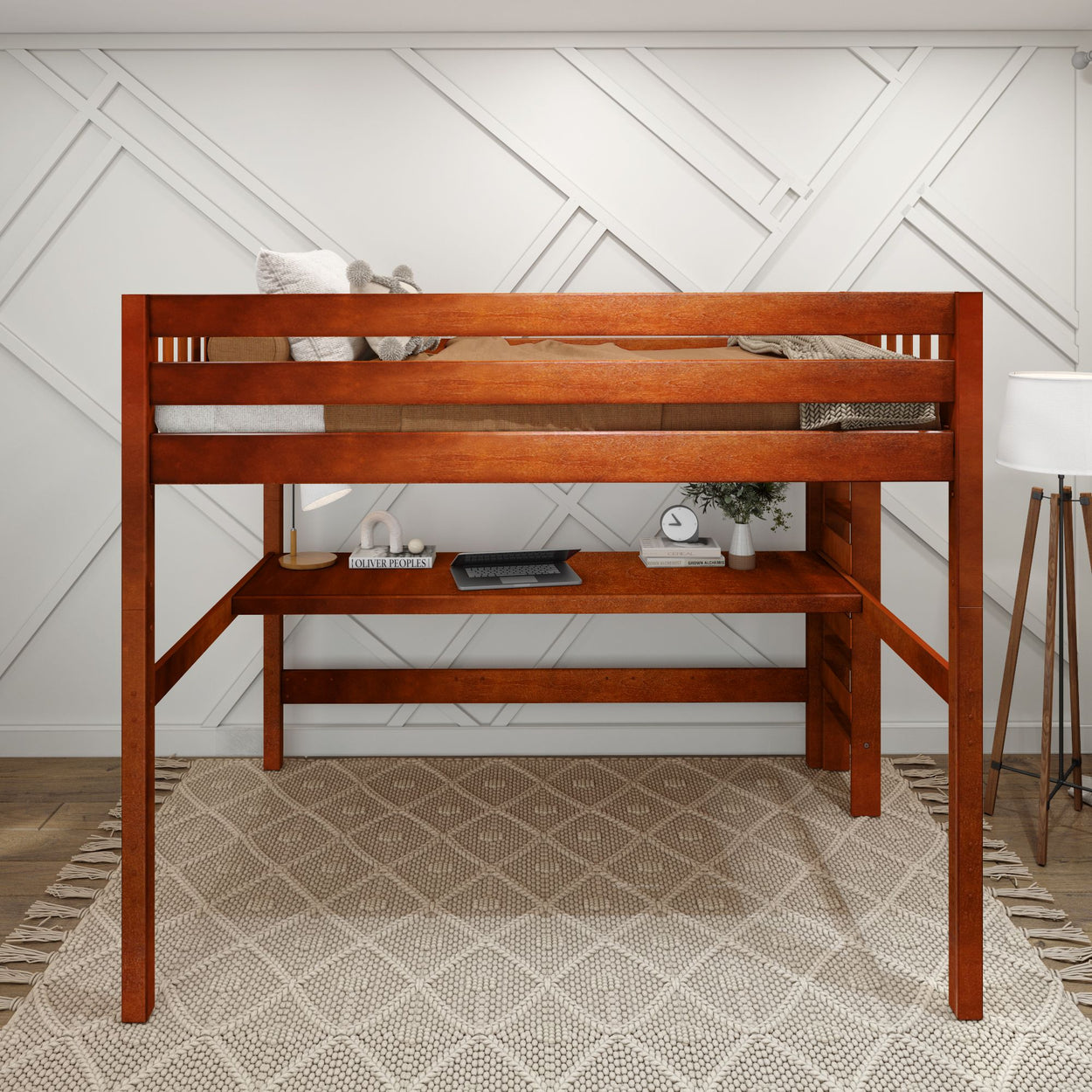 Rustic wooden loft bed with workspace underneath in modern bedroom.