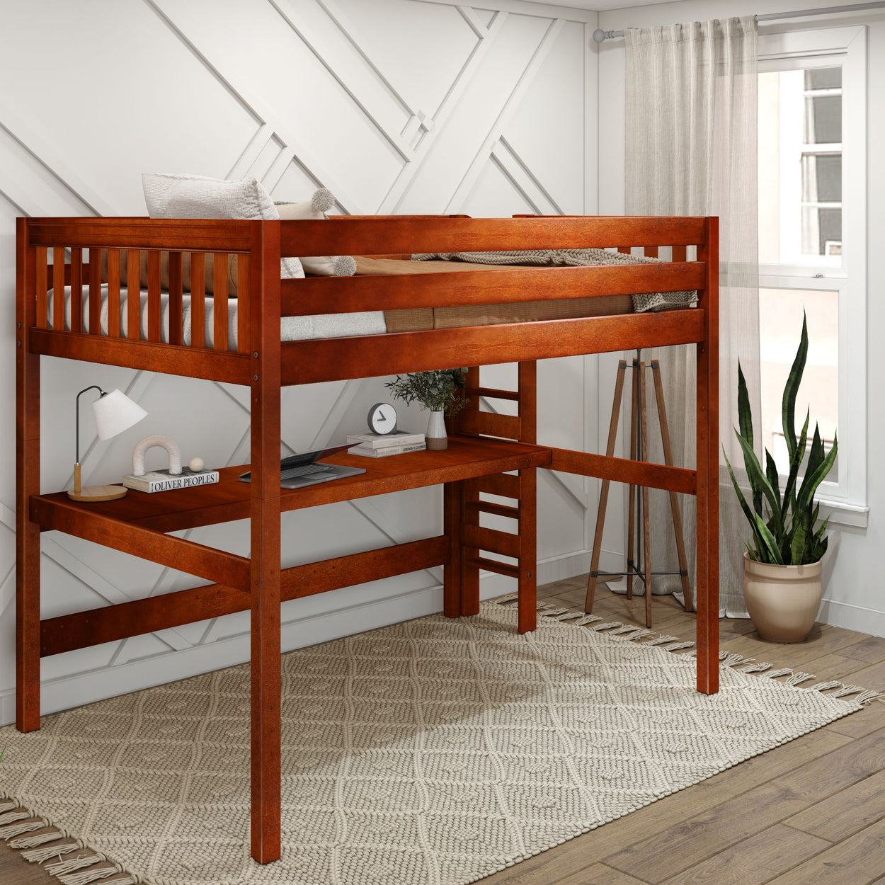 Loft bed with wooden frame and built-in desk in modern bedroom.