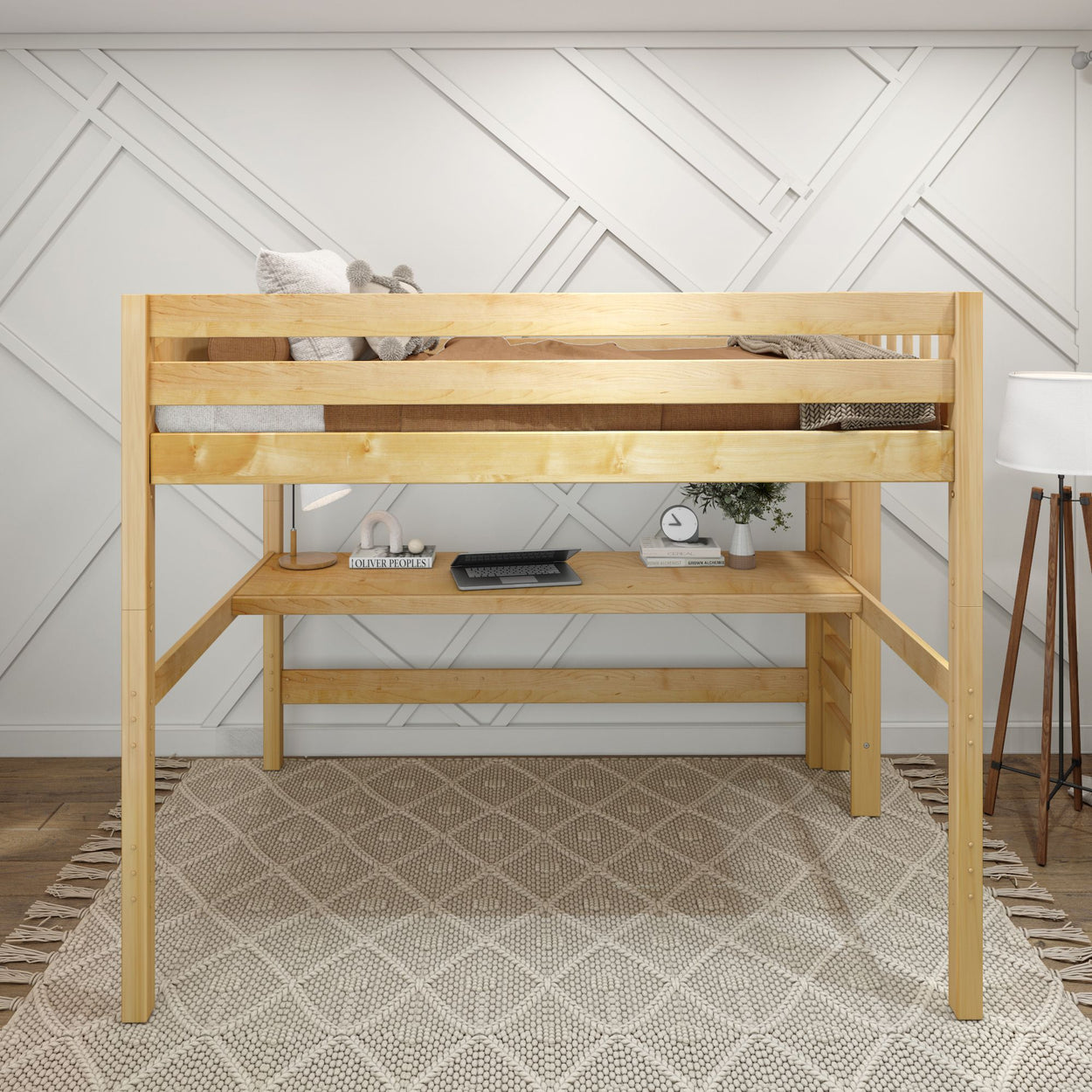 Wooden loft bed with built-in desk and organized workspace in modern bedroom setup.