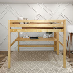 Wooden loft bed with built-in desk and organized workspace in modern bedroom setup.