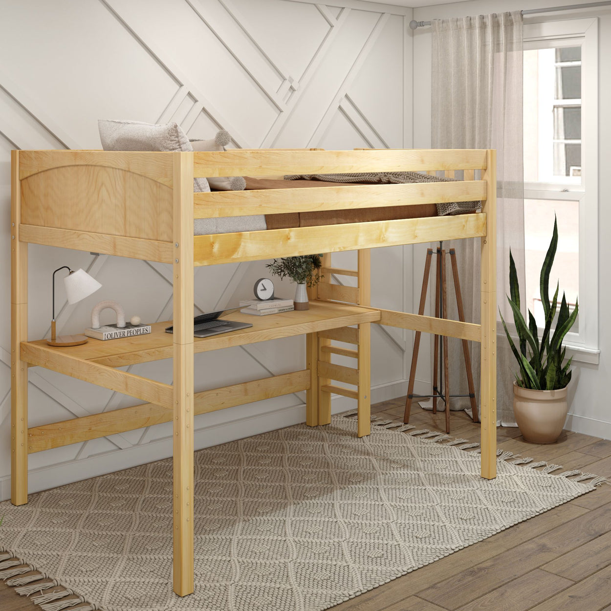 Wooden loft bed with desk in a modern bedroom setup featuring natural light and a potted plant.