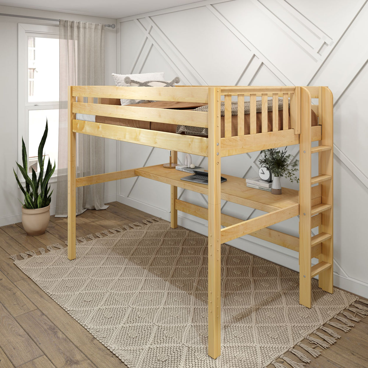 Wooden loft bed with integrated desk and ladder in a modern bedroom setting with decorative rug and potted plant.