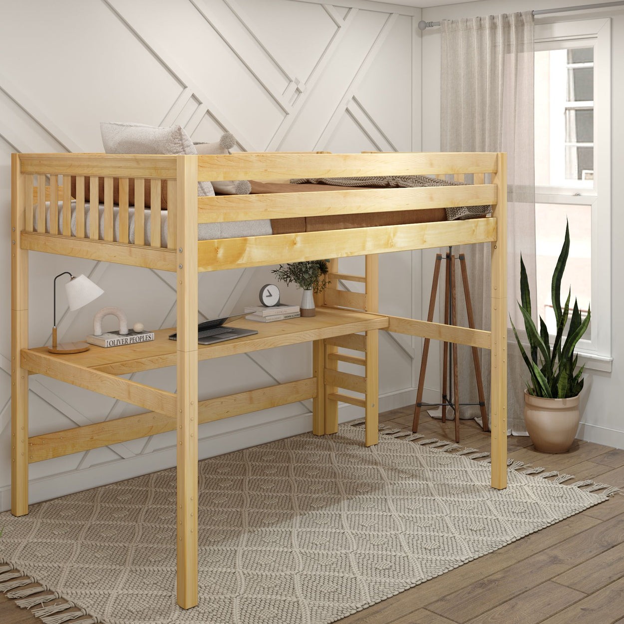 Wooden loft bed with desk space underneath in a modern bedroom setting.