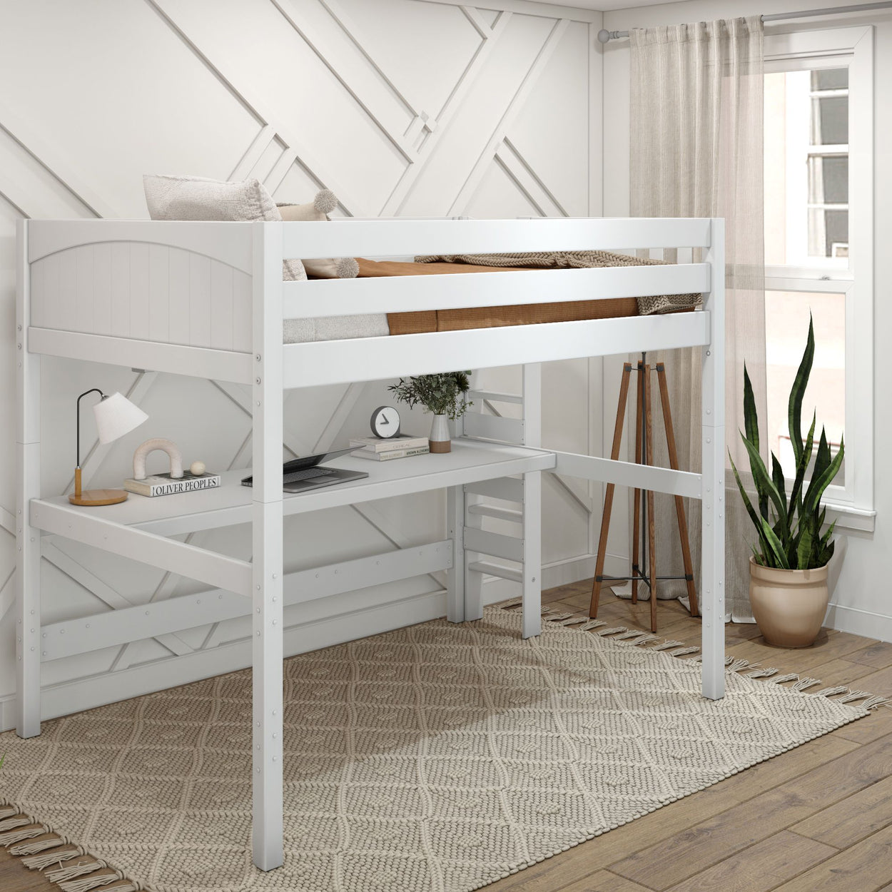 White loft bed with desk in modern bedroom, featuring plants, cozy lighting, and neutral decor.
