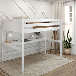 White loft bed with desk in modern bedroom, featuring plants, cozy lighting, and neutral decor.