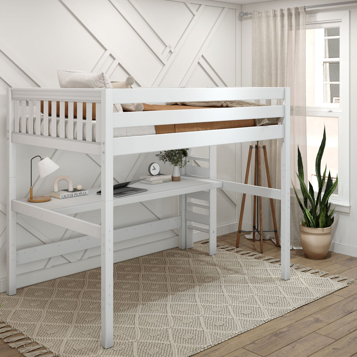 White loft bed with integrated desk in modern bedroom interior featuring wooden floors and natural light from a window.